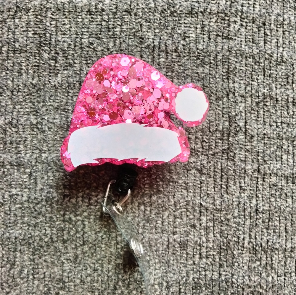 Pink Santa Hat Christmas Retractable Name Badge Reel ID Holder